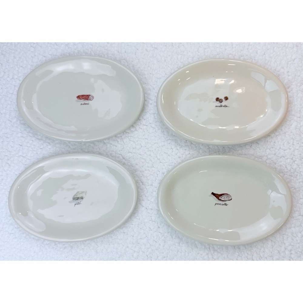 RAE DUNN • (Set of 4) Cream Meat-Themed Oval Ceramic Appetizer Plate Set